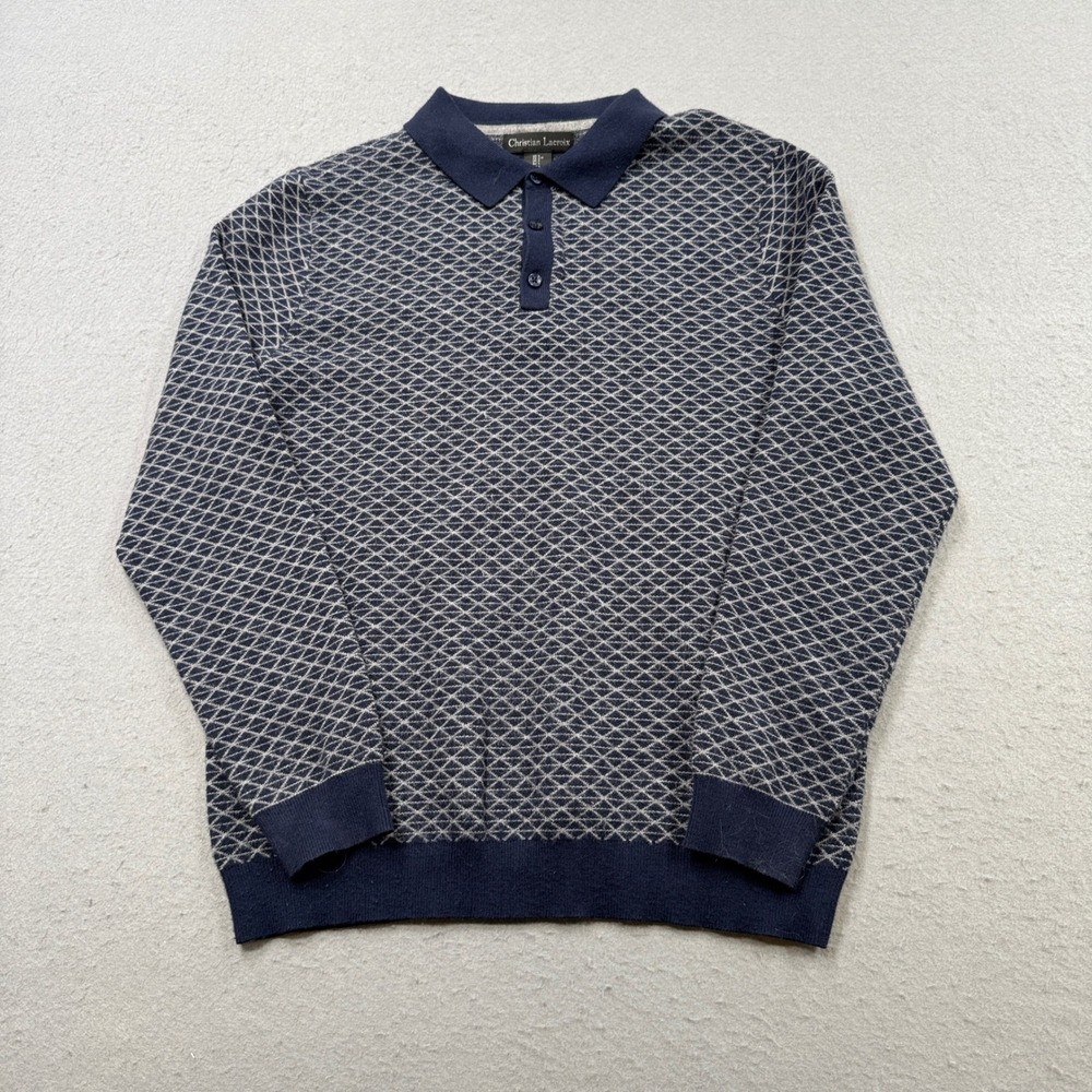 Vintage Christian Lacroix Polo Sweater Men's L Navy Blue Knit Geometric Jacquard